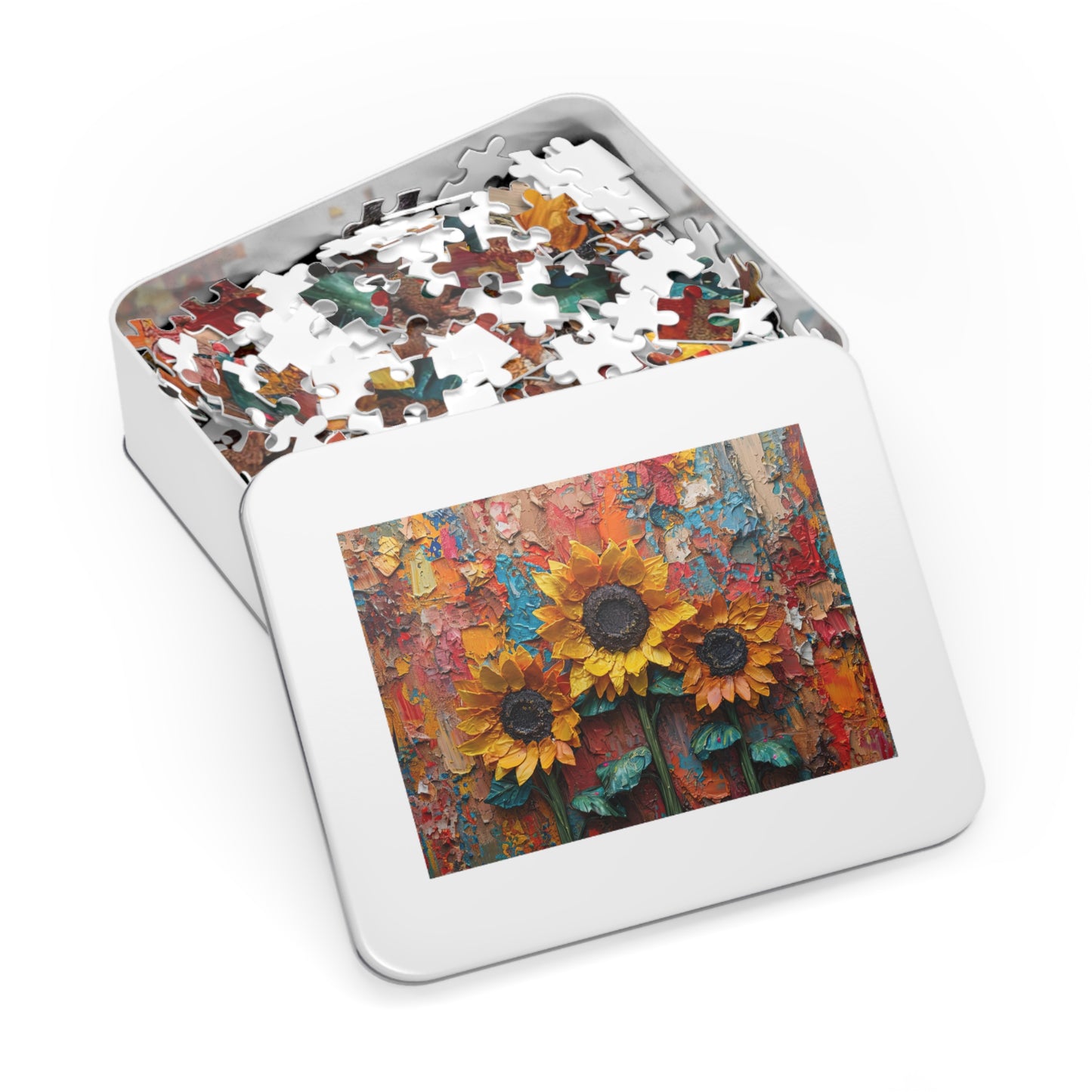 Textured Oil Paint Sunflowers Puzzle - Artistic 110-1000 Pieces for Creativity & Fun! Metal Box