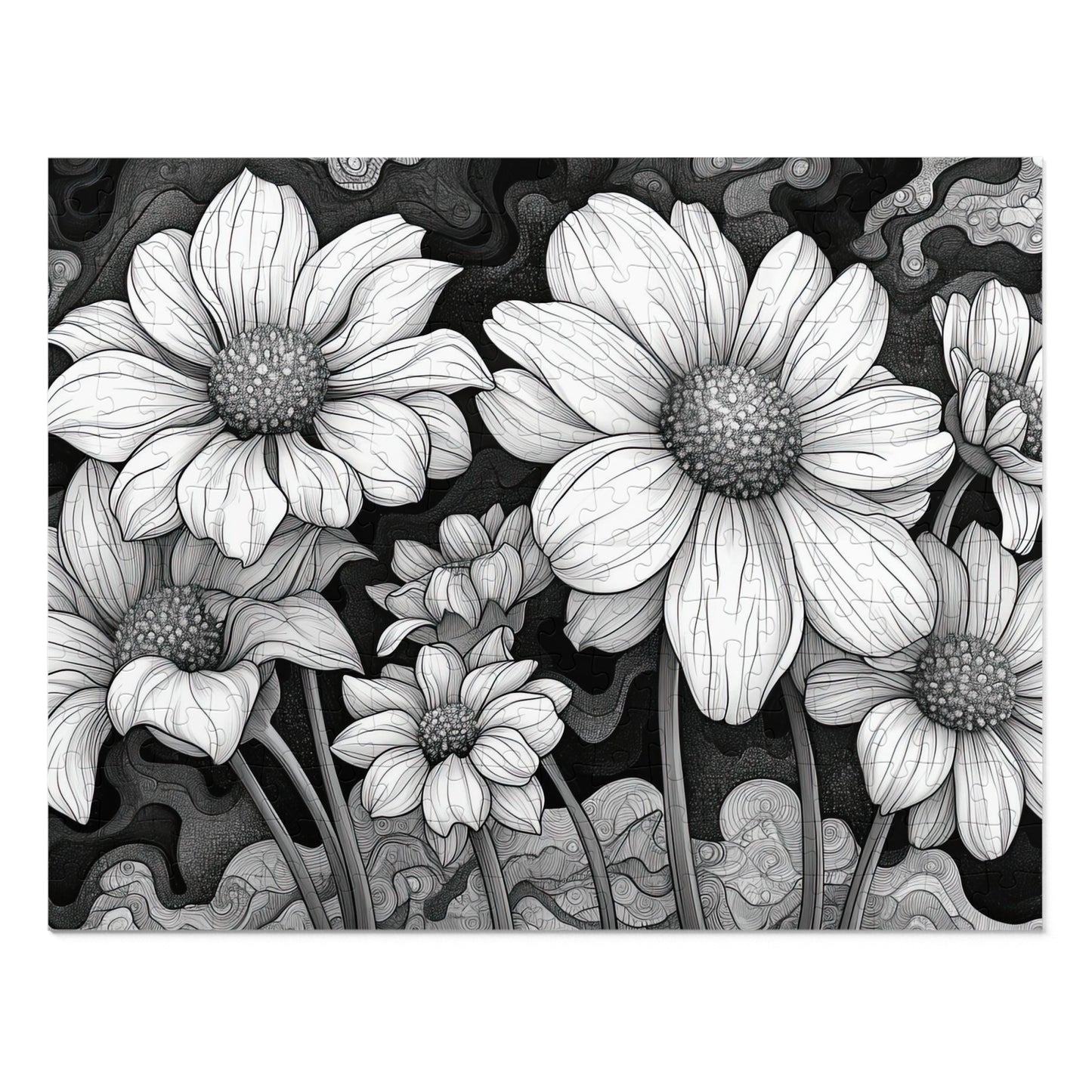 Elegant Monochrome Floral Puzzle - 110-1000 Pieces, Chic Black & White Blossoms for Decor! Metal Box