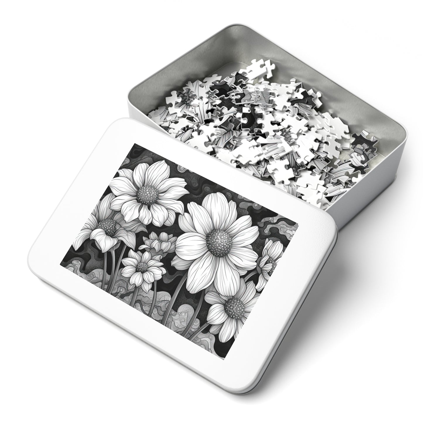 Elegant Monochrome Floral Puzzle - 110-1000 Pieces, Chic Black & White Blossoms for Decor! Metal Box