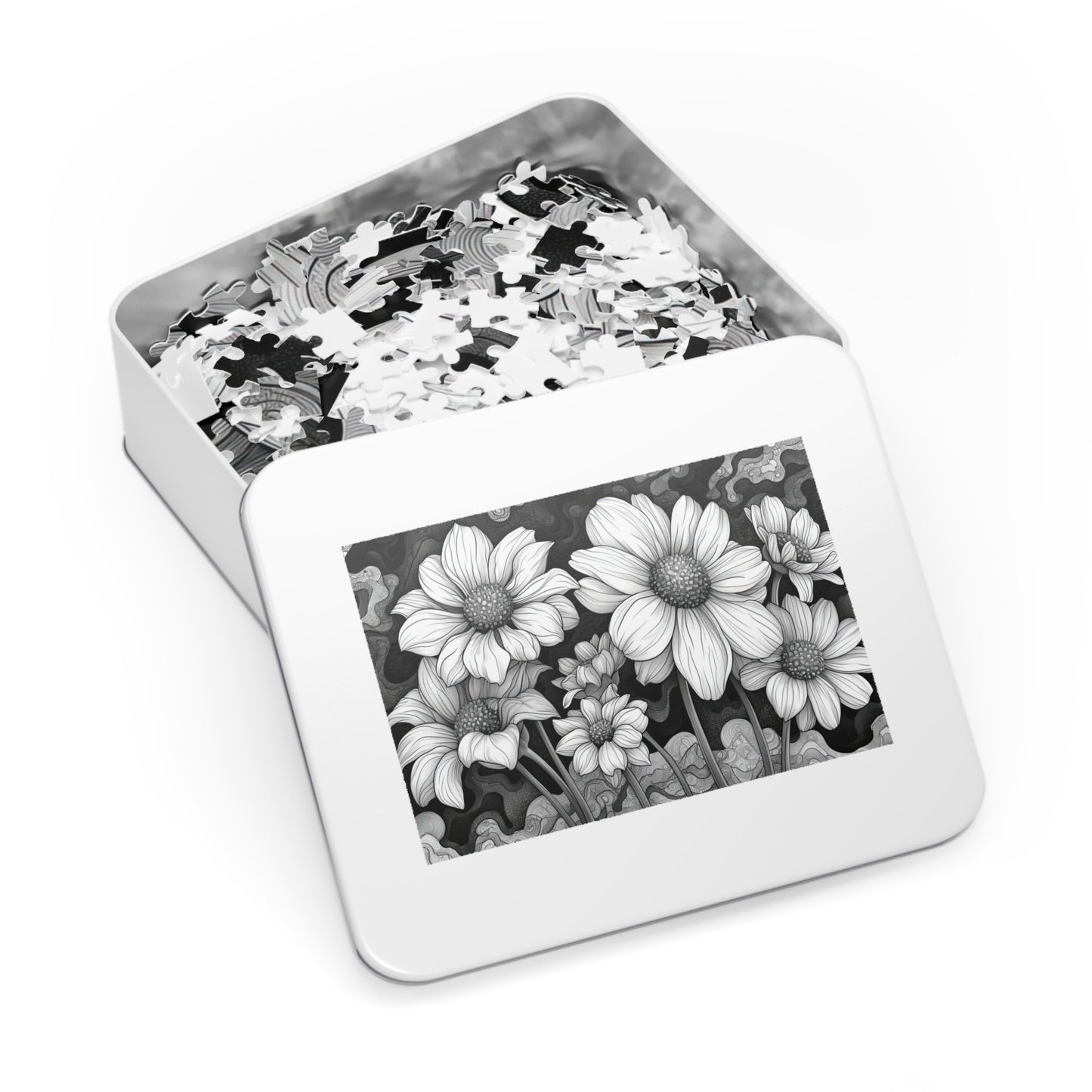Elegant Monochrome Floral Puzzle - 110-1000 Pieces, Chic Black & White Blossoms for Decor! Metal Box