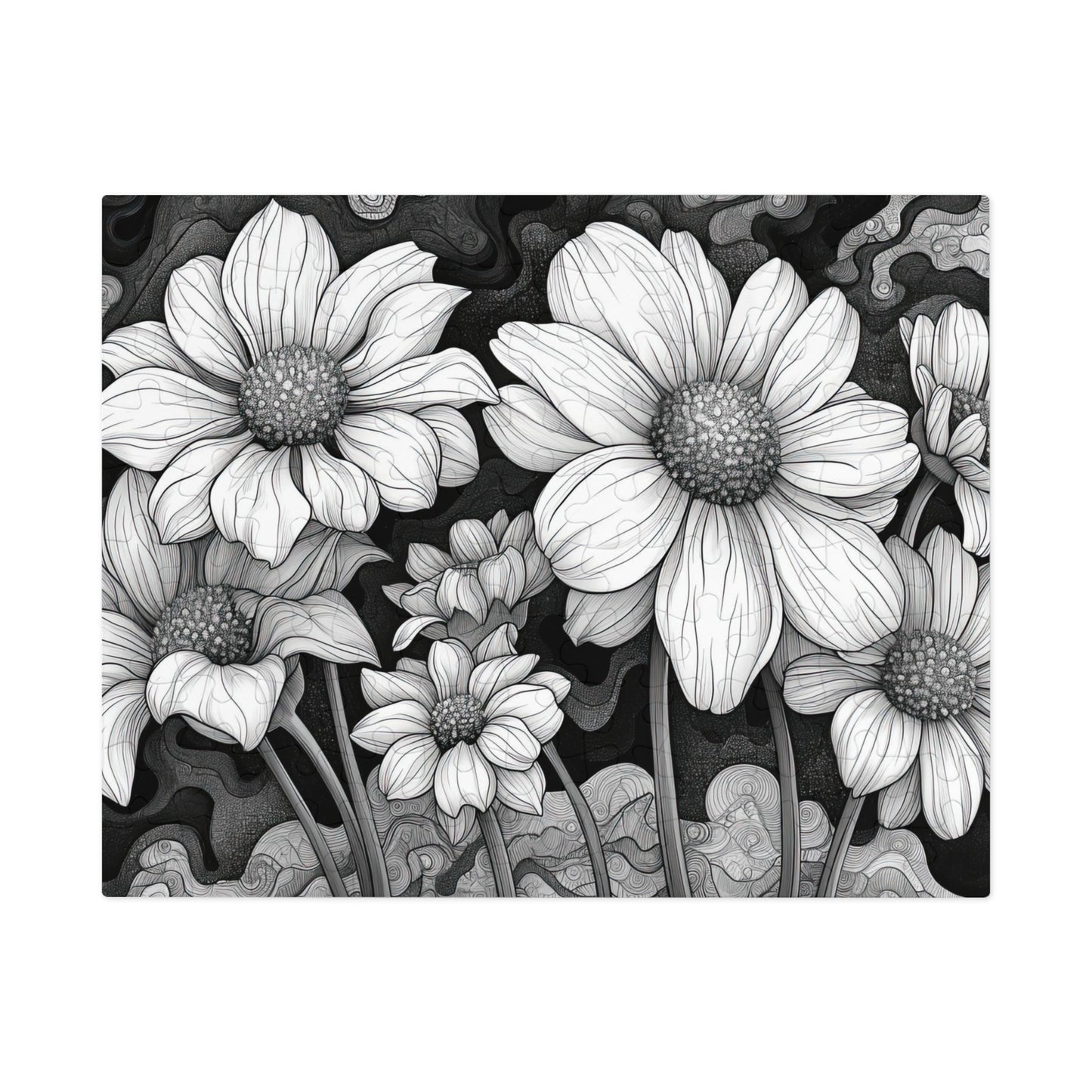 Elegant Monochrome Floral Puzzle - 110-1000 Pieces, Chic Black & White Blossoms for Decor! Metal Box