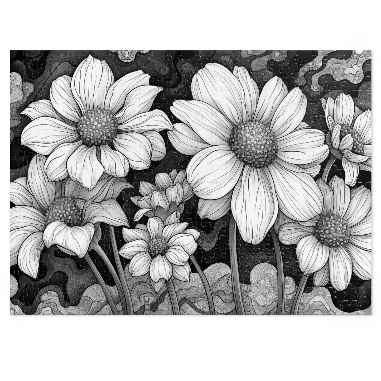 Elegant Monochrome Floral Puzzle - 110-1000 Pieces, Chic Black & White Blossoms for Decor! Metal Box