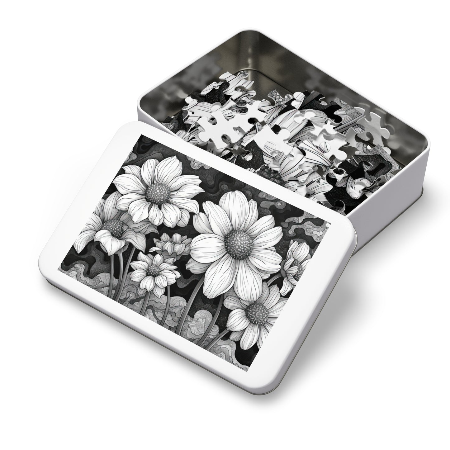 Elegant Monochrome Floral Puzzle - 110-1000 Pieces, Chic Black & White Blossoms for Decor! Metal Box