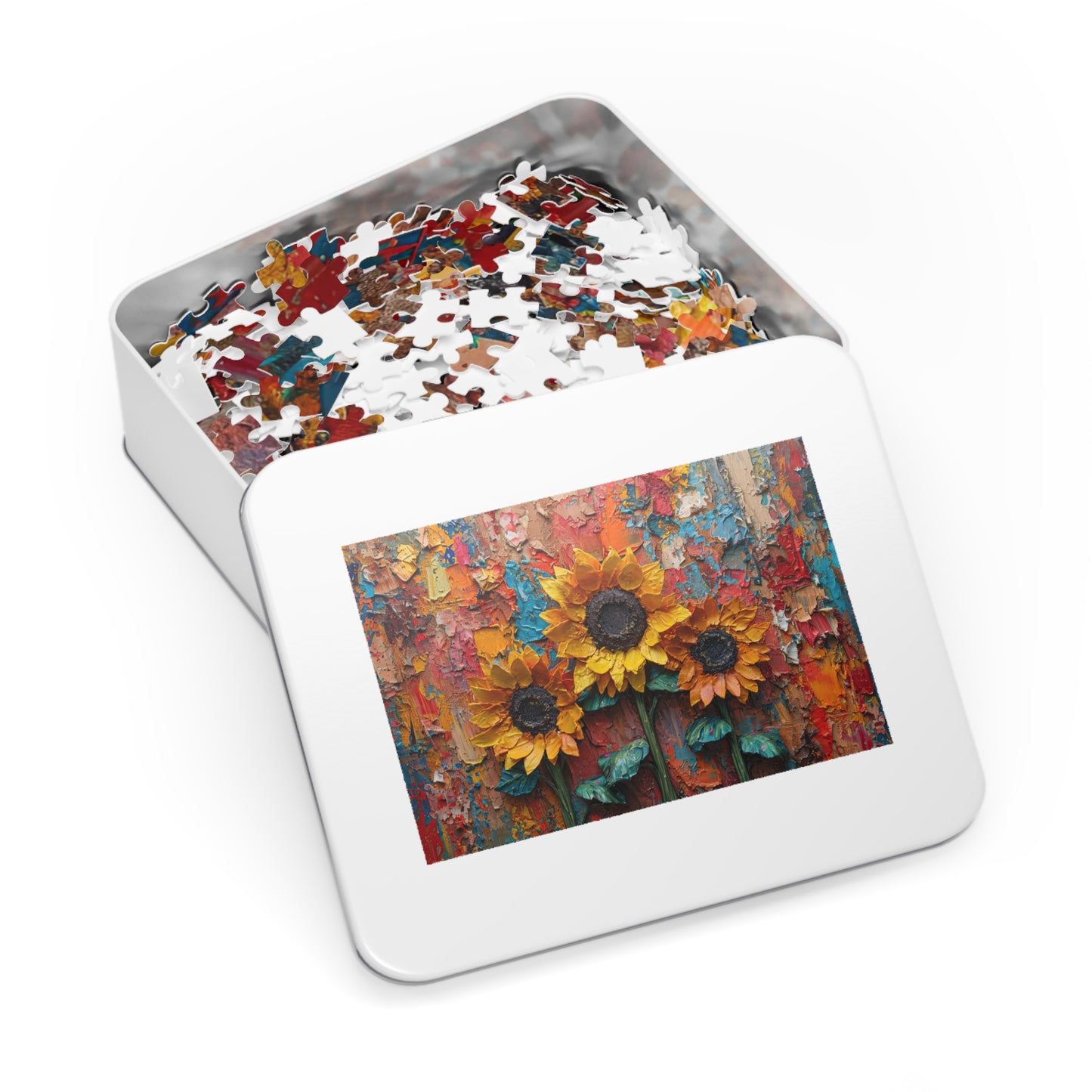 Textured Oil Paint Sunflowers Puzzle - Artistic 110-1000 Pieces for Creativity & Fun! Metal Box