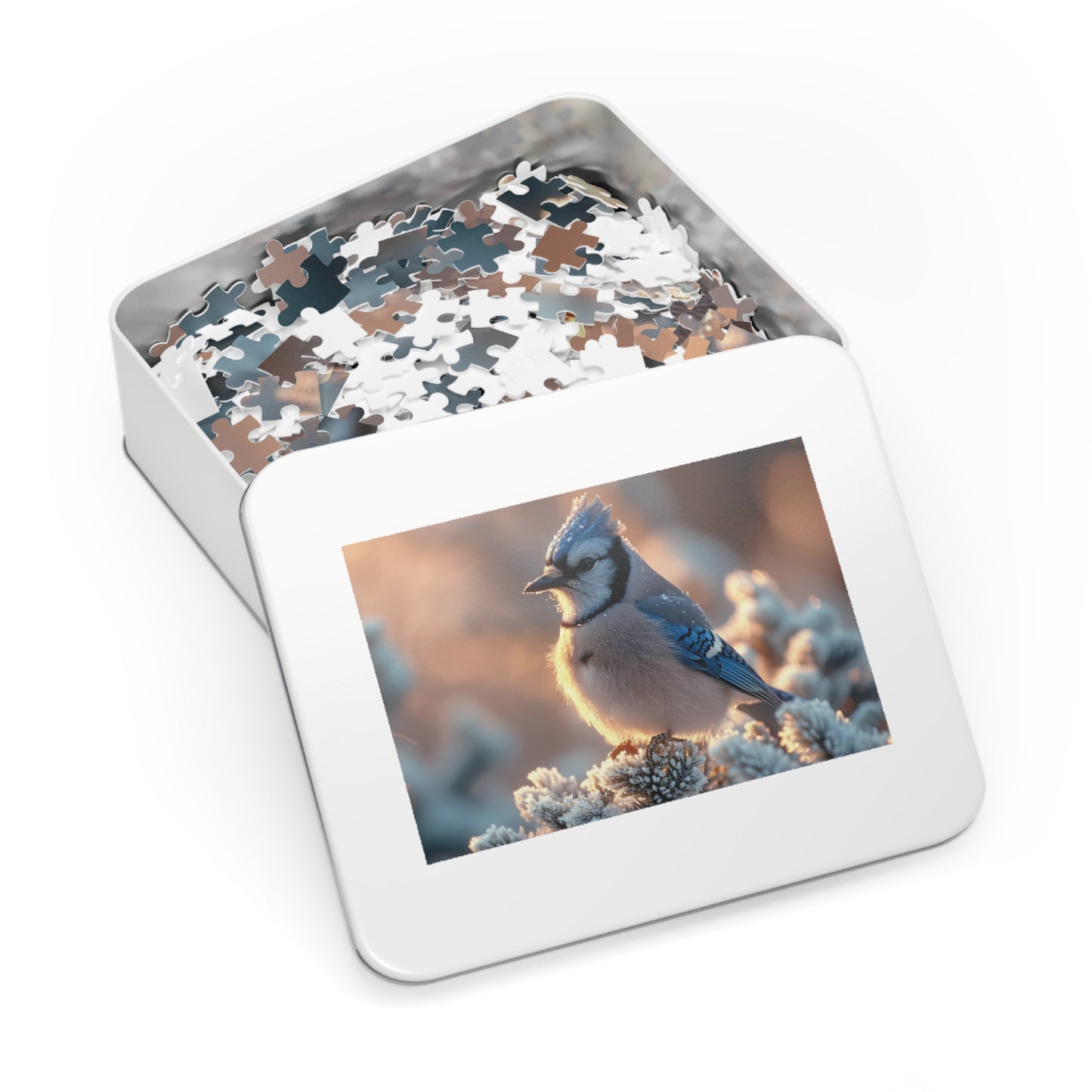 Winter Blue Jay Puzzle - 110-1000 Piece Jigsaws of Snowy Bird Elegance, Metal Box