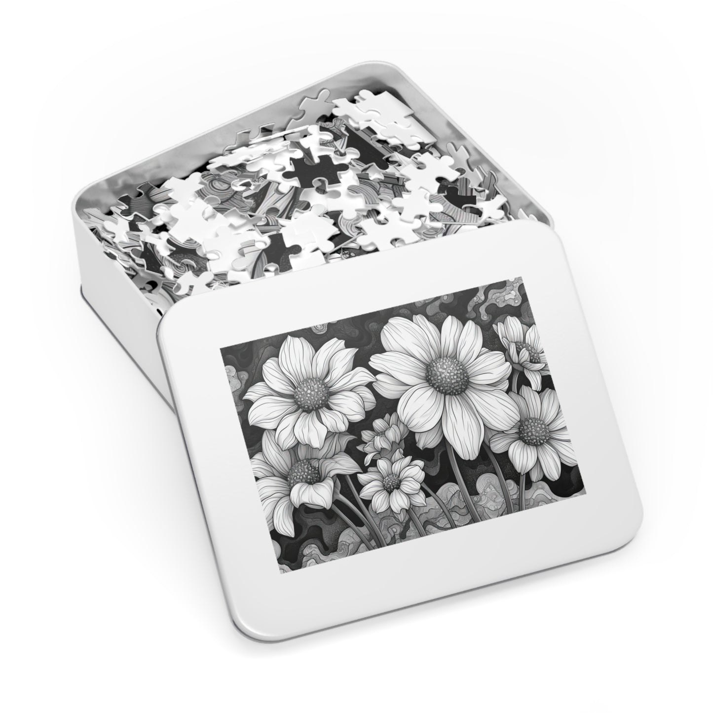 Elegant Monochrome Floral Puzzle - 110-1000 Pieces, Chic Black & White Blossoms for Decor! Metal Box