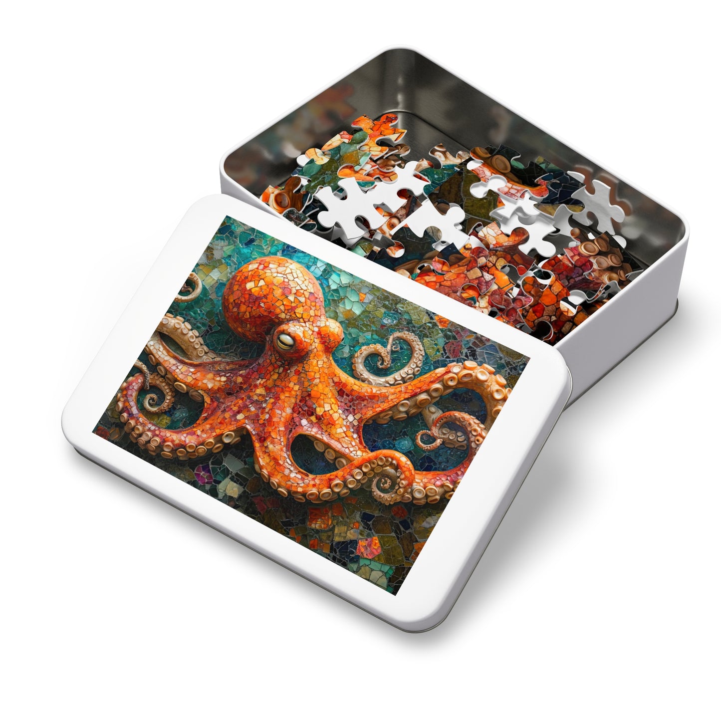 Mosaic Octopus Jigsaw Puzzle, Available in 110, 252, 500 & 1000 Pieces, Artistic Ocean Life, Colorful Tile Design, Detailed, Metal Box