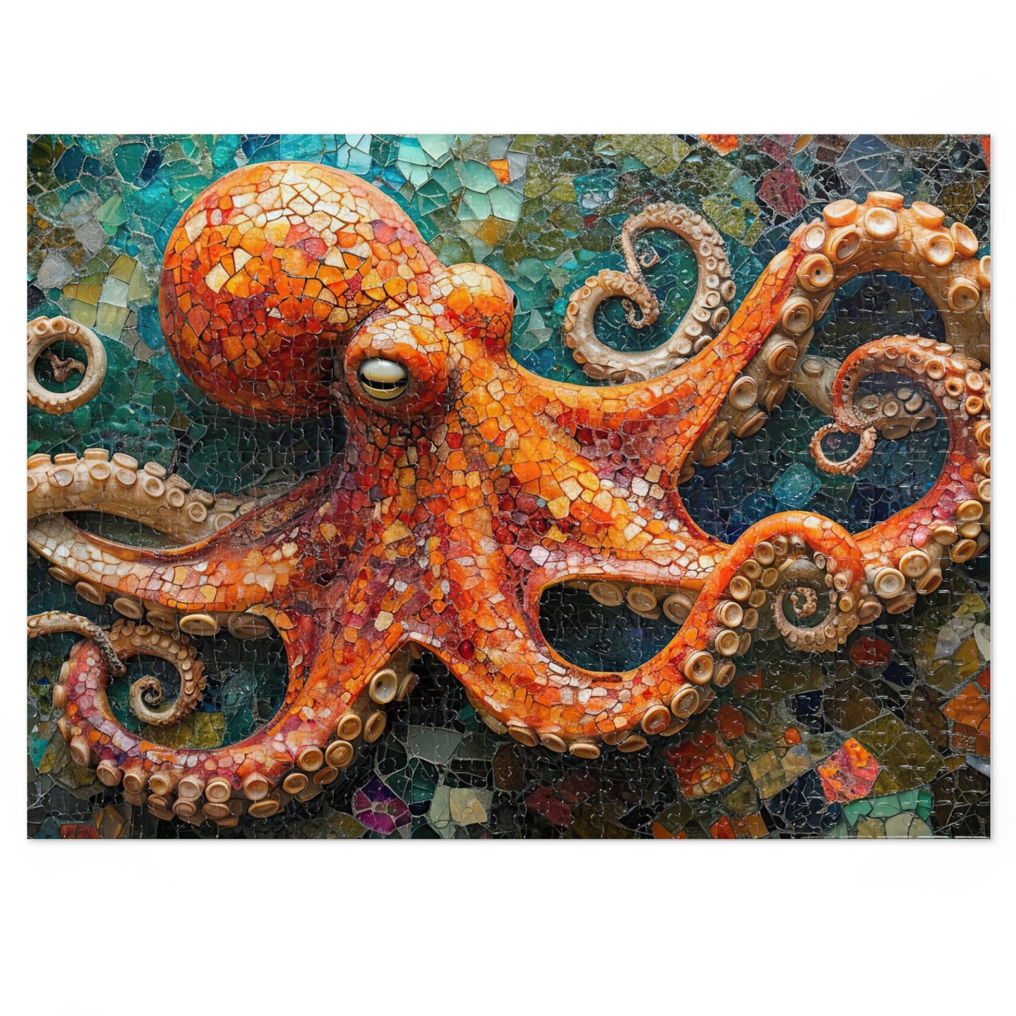 Mosaic Octopus Jigsaw Puzzle, Available in 110, 252, 500 & 1000 Pieces, Artistic Ocean Life, Colorful Tile Design, Detailed, Metal Box