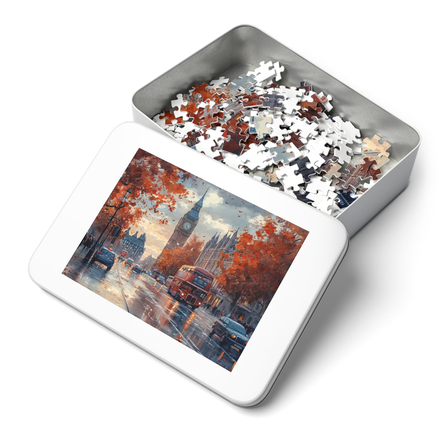 London Wet Street Sunset Puzzle, Available in 110, 252, 500 and 1000 Pieces, Iconic Red Bus & Big Ben, Rainy Twilight, Reflective, Metal Box