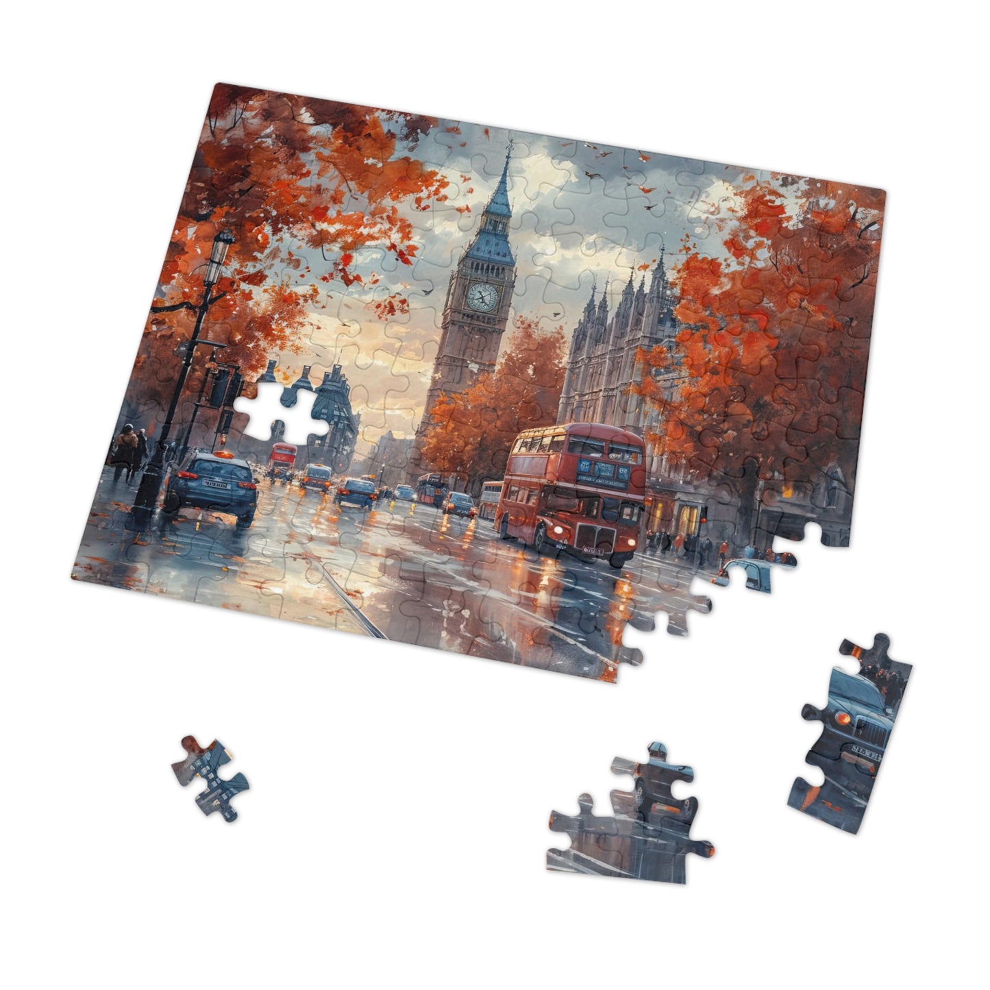London Wet Street Sunset Puzzle, Available in 110, 252, 500 and 1000 Pieces, Iconic Red Bus & Big Ben, Rainy Twilight, Reflective, Metal Box