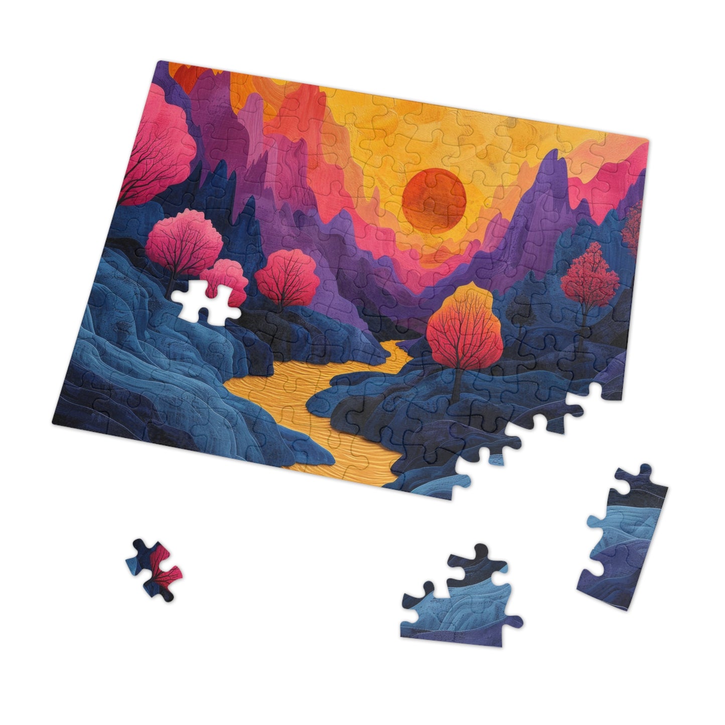 Surreal Sunset Landscape Puzzle, Vibrant Trees & River, 110-1000pc, Shipped in a Metal Box