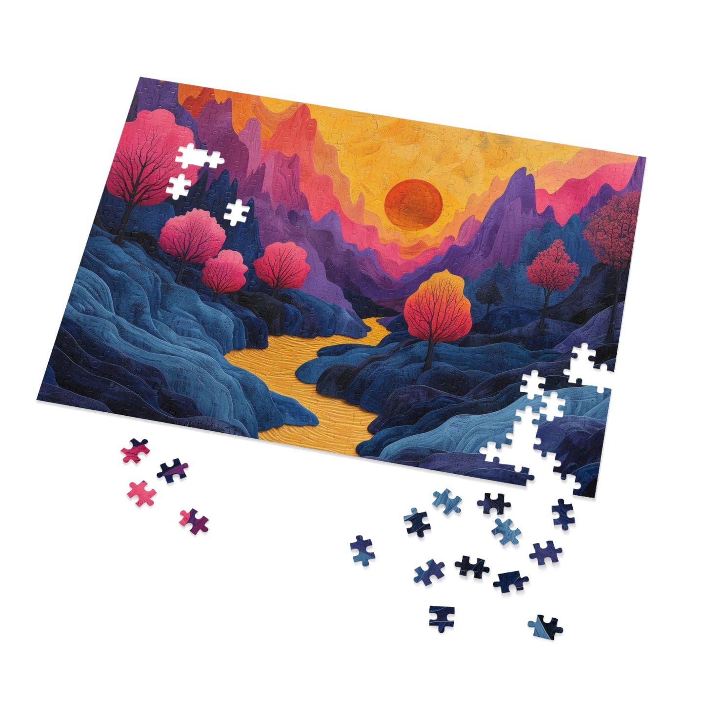 Surreal Sunset Landscape Puzzle, Vibrant Trees & River, 110-1000pc, Shipped in a Metal Box