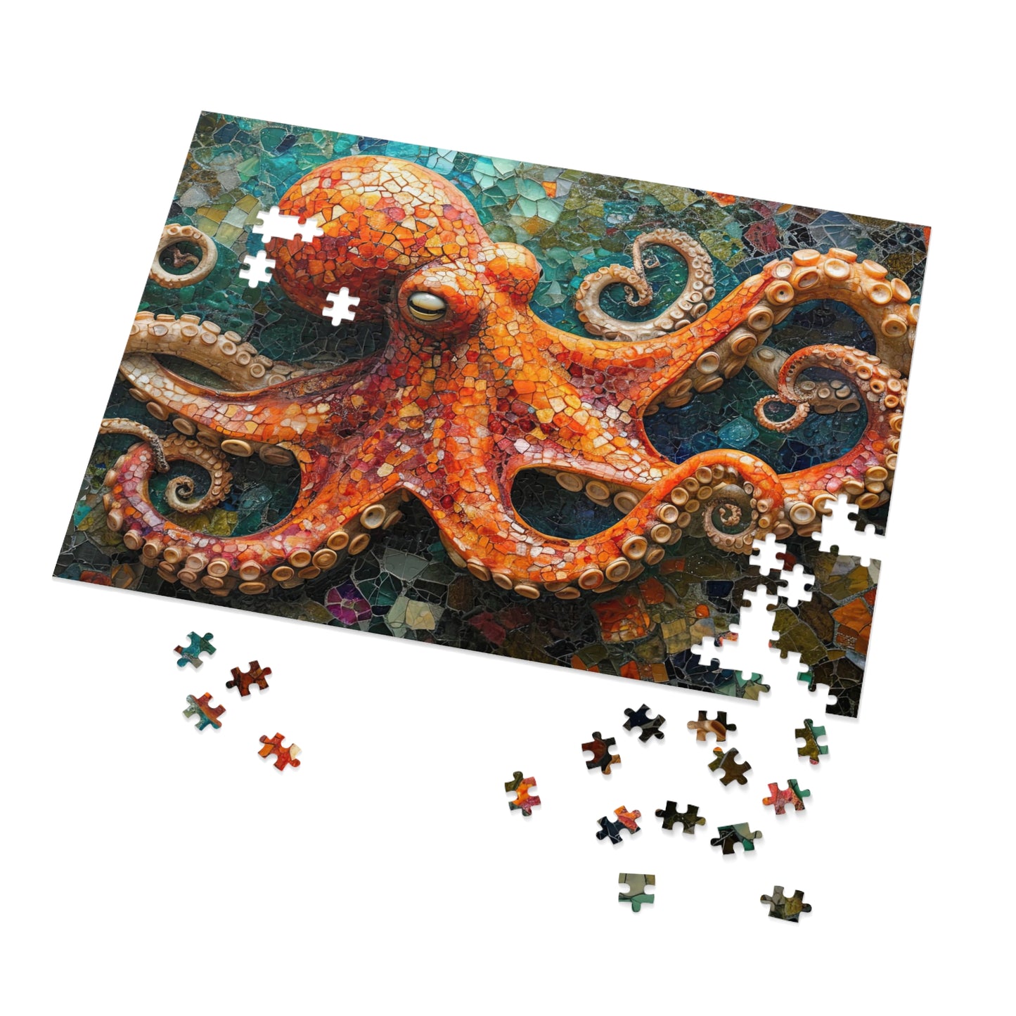 Mosaic Octopus Jigsaw Puzzle, Available in 110, 252, 500 & 1000 Pieces, Artistic Ocean Life, Colorful Tile Design, Detailed, Metal Box