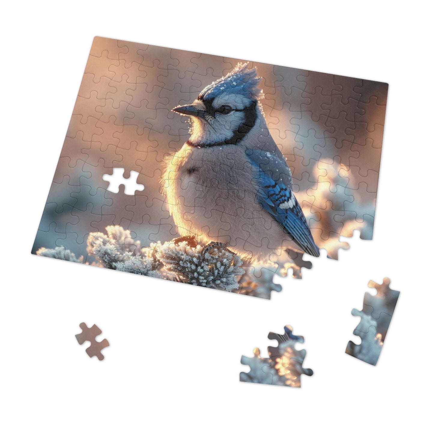 Winter Blue Jay Puzzle - 110-1000 Piece Jigsaws of Snowy Bird Elegance, Metal Box
