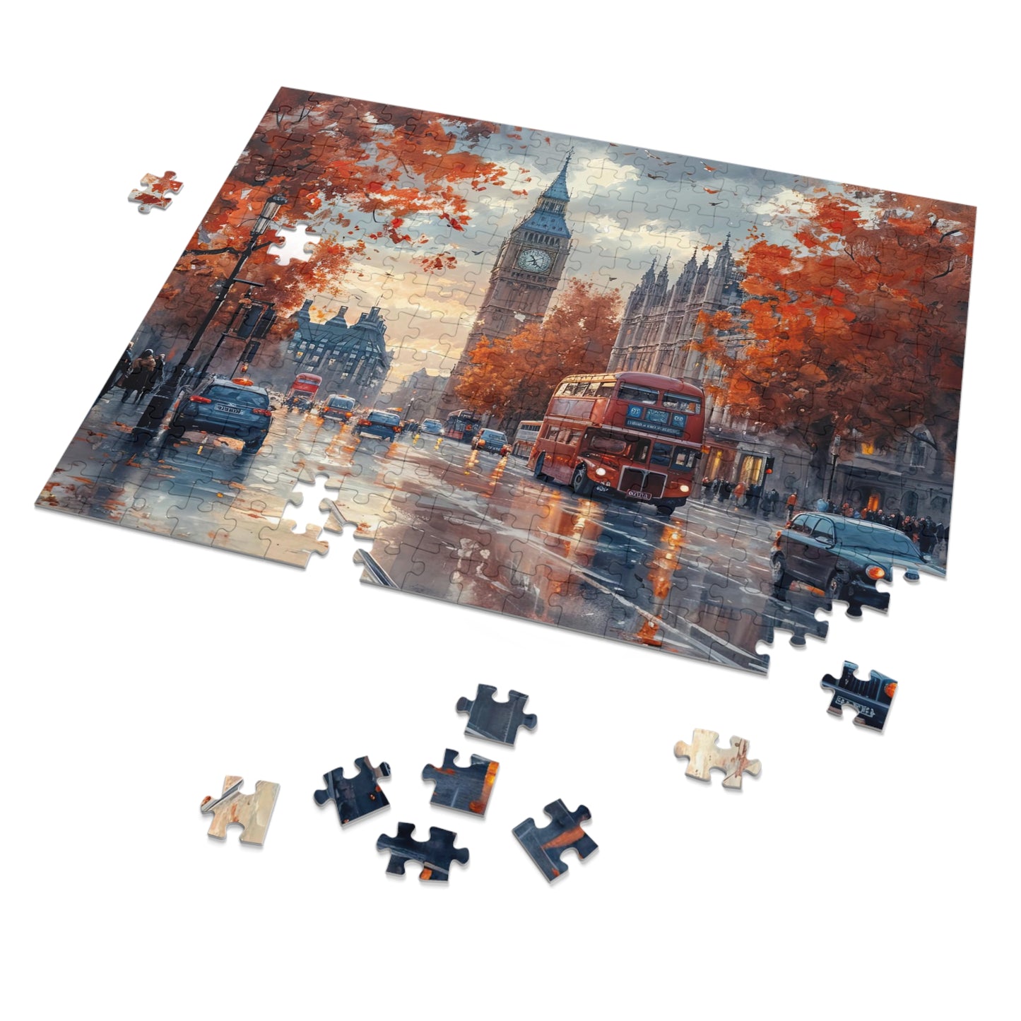 London Wet Street Sunset Puzzle, Available in 110, 252, 500 and 1000 Pieces, Iconic Red Bus & Big Ben, Rainy Twilight, Reflective, Metal Box