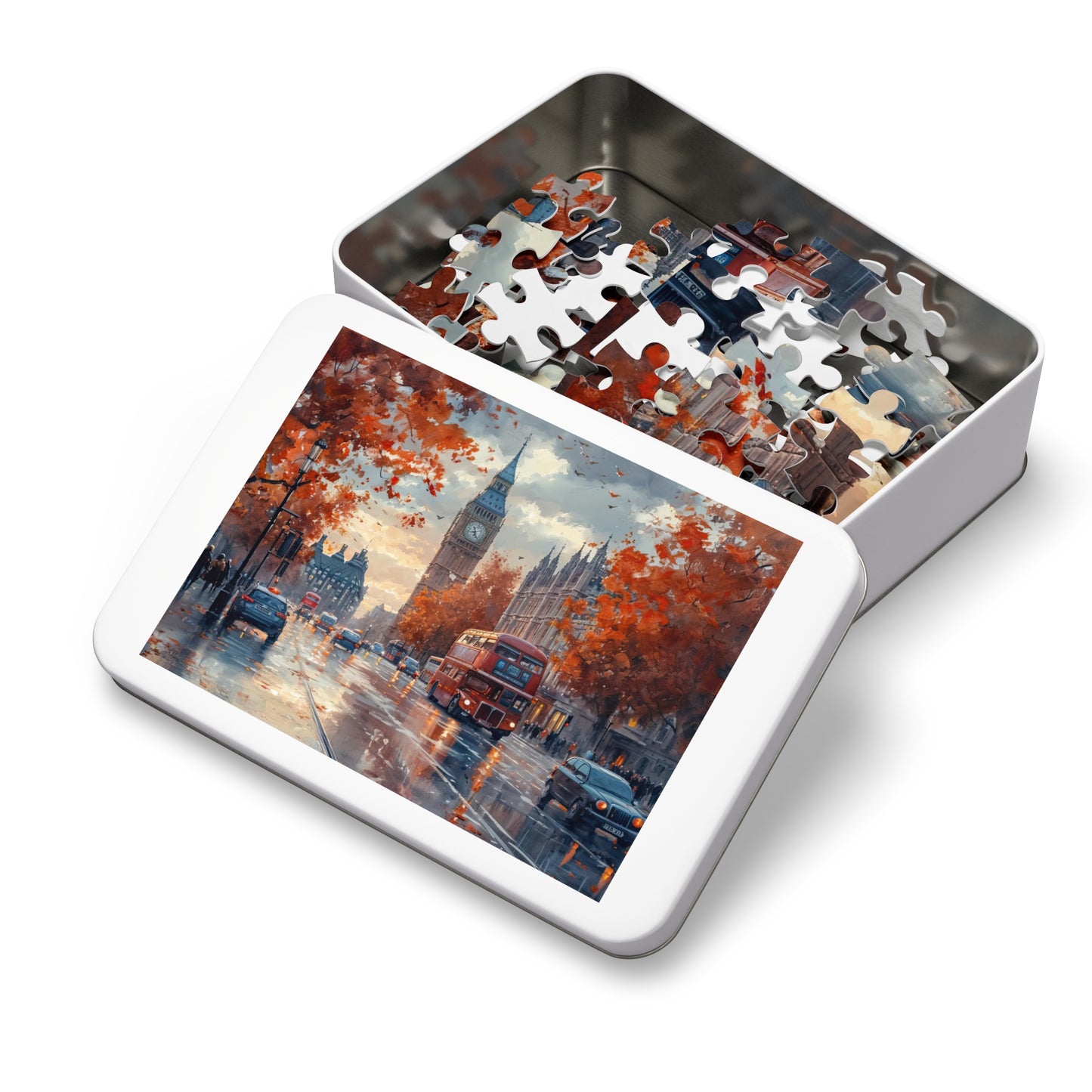 London Wet Street Sunset Puzzle, Available in 110, 252, 500 and 1000 Pieces, Iconic Red Bus & Big Ben, Rainy Twilight, Reflective, Metal Box