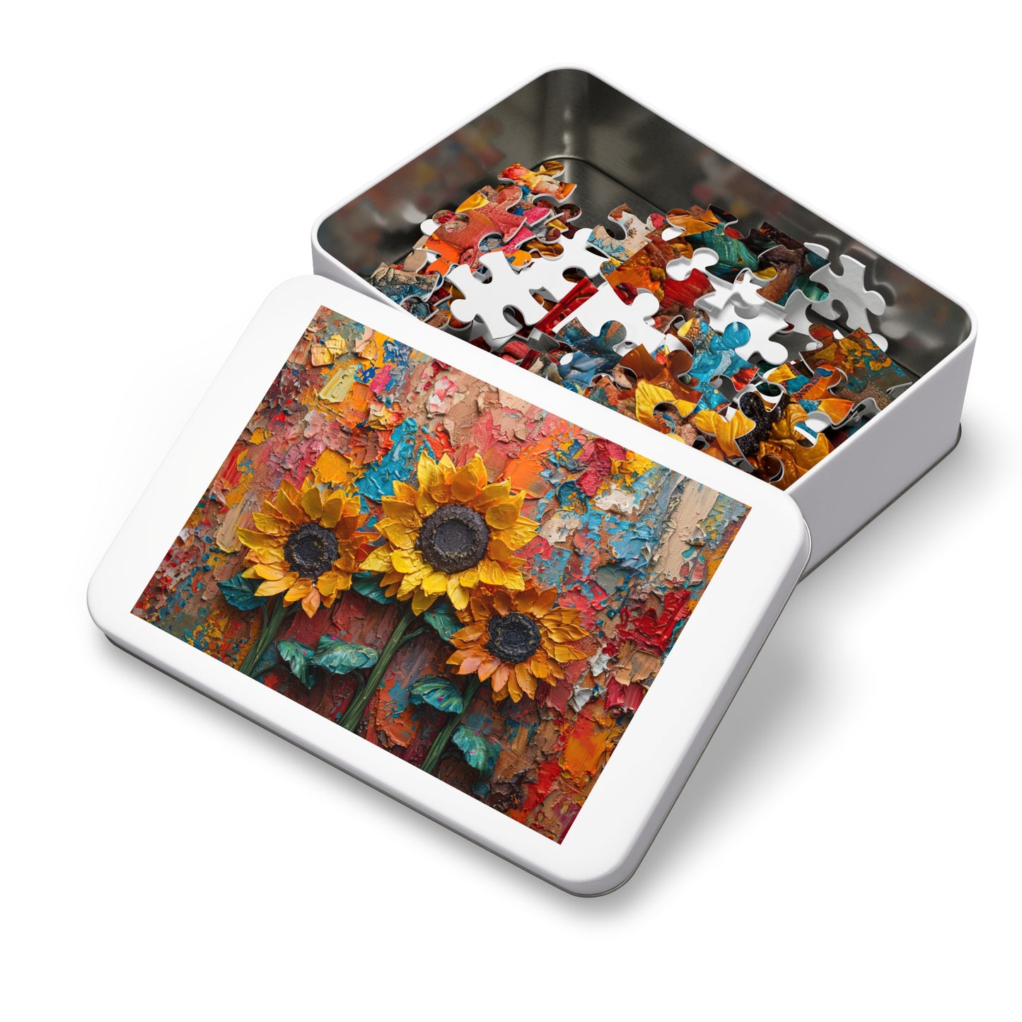 Textured Oil Paint Sunflowers Puzzle - Artistic 110-1000 Pieces for Creativity & Fun! Metal Box