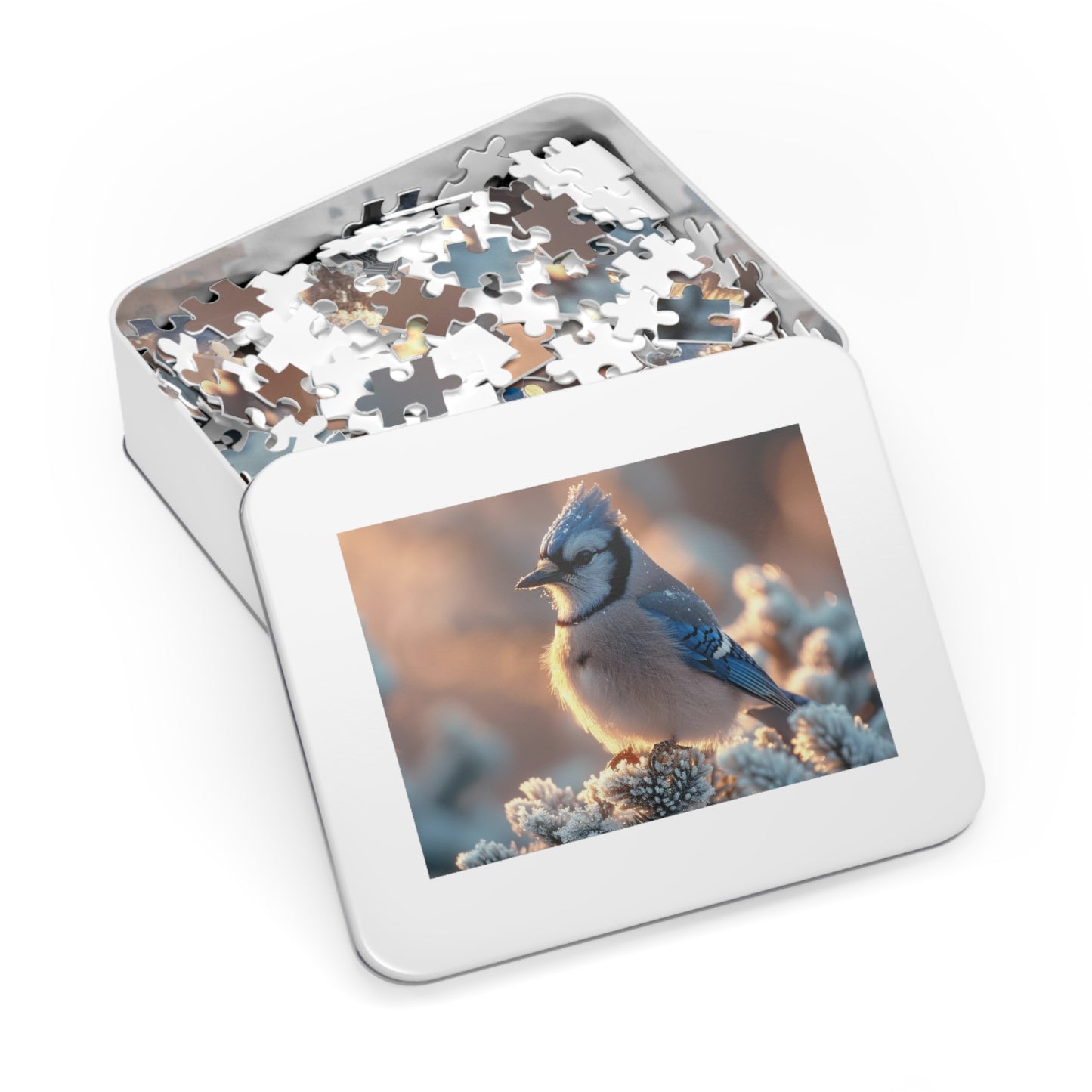 Winter Blue Jay Puzzle - 110-1000 Piece Jigsaws of Snowy Bird Elegance, Metal Box