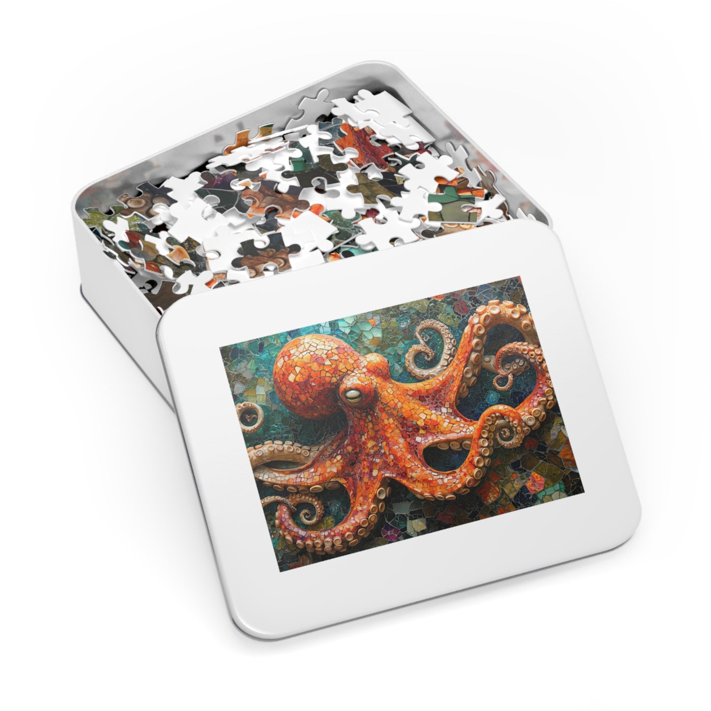 Mosaic Octopus Jigsaw Puzzle, Available in 110, 252, 500 & 1000 Pieces, Artistic Ocean Life, Colorful Tile Design, Detailed, Metal Box
