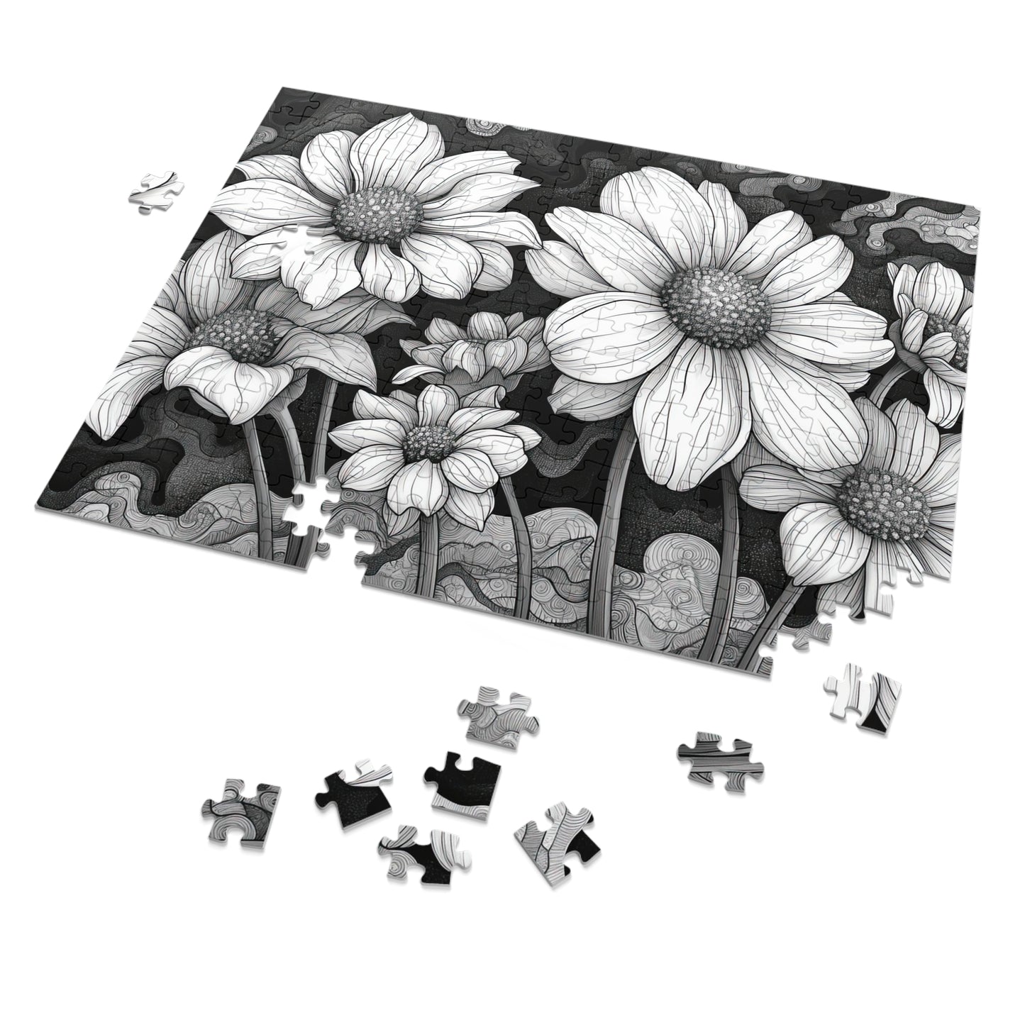 Elegant Monochrome Floral Puzzle - 110-1000 Pieces, Chic Black & White Blossoms for Decor! Metal Box