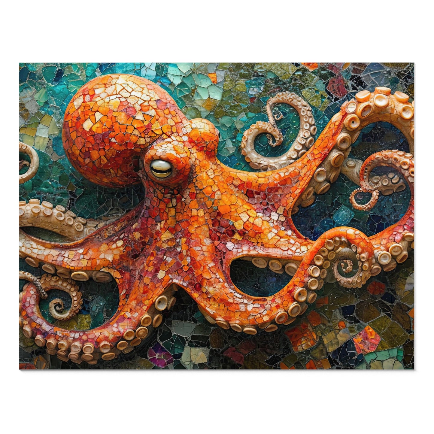 Mosaic Octopus Jigsaw Puzzle, Available in 110, 252, 500 & 1000 Pieces, Artistic Ocean Life, Colorful Tile Design, Detailed, Metal Box