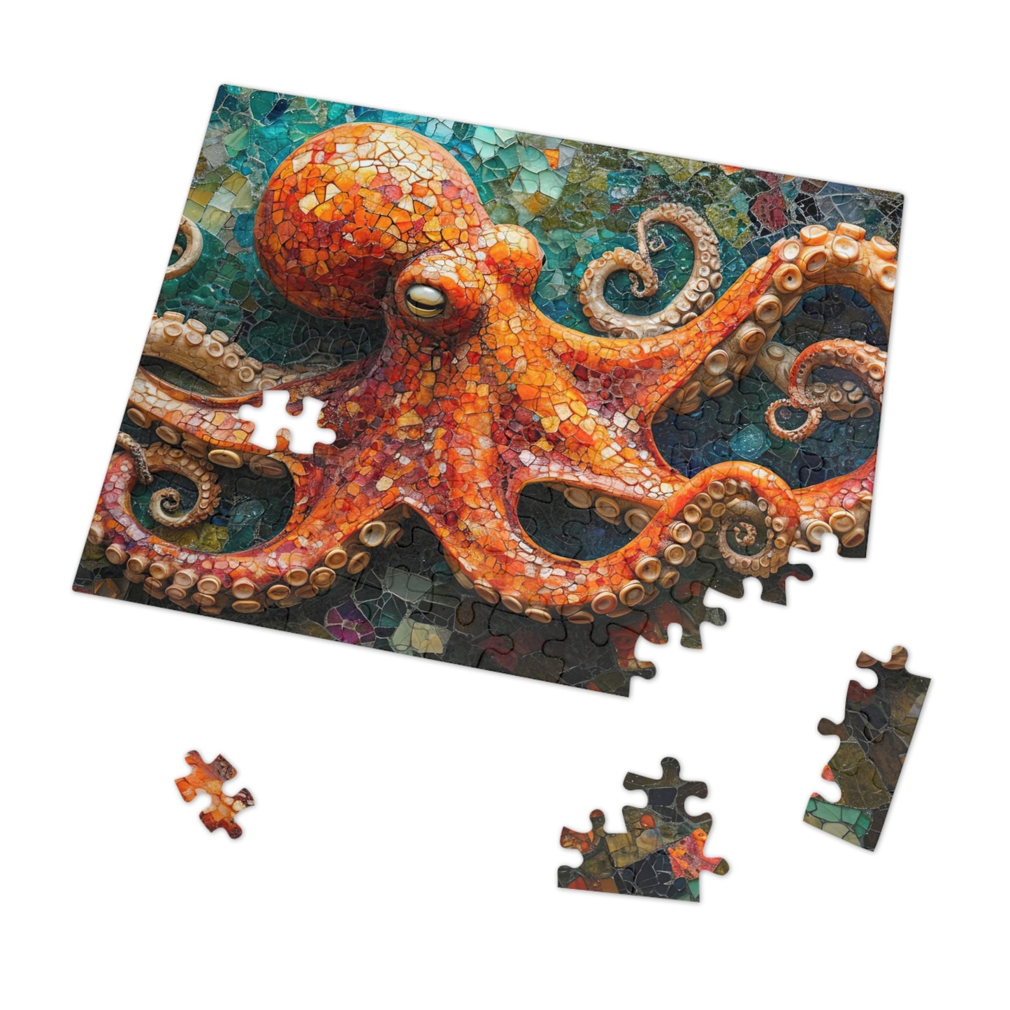 Mosaic Octopus Jigsaw Puzzle, Available in 110, 252, 500 & 1000 Pieces, Artistic Ocean Life, Colorful Tile Design, Detailed, Metal Box