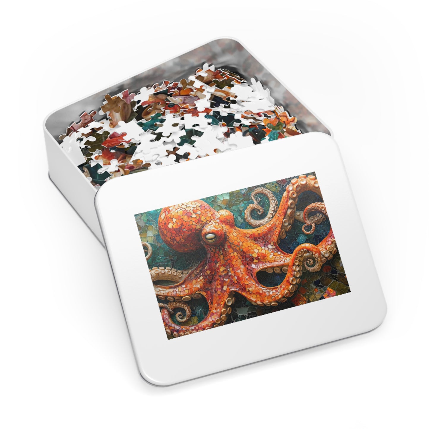 Mosaic Octopus Jigsaw Puzzle, Available in 110, 252, 500 & 1000 Pieces, Artistic Ocean Life, Colorful Tile Design, Detailed, Metal Box