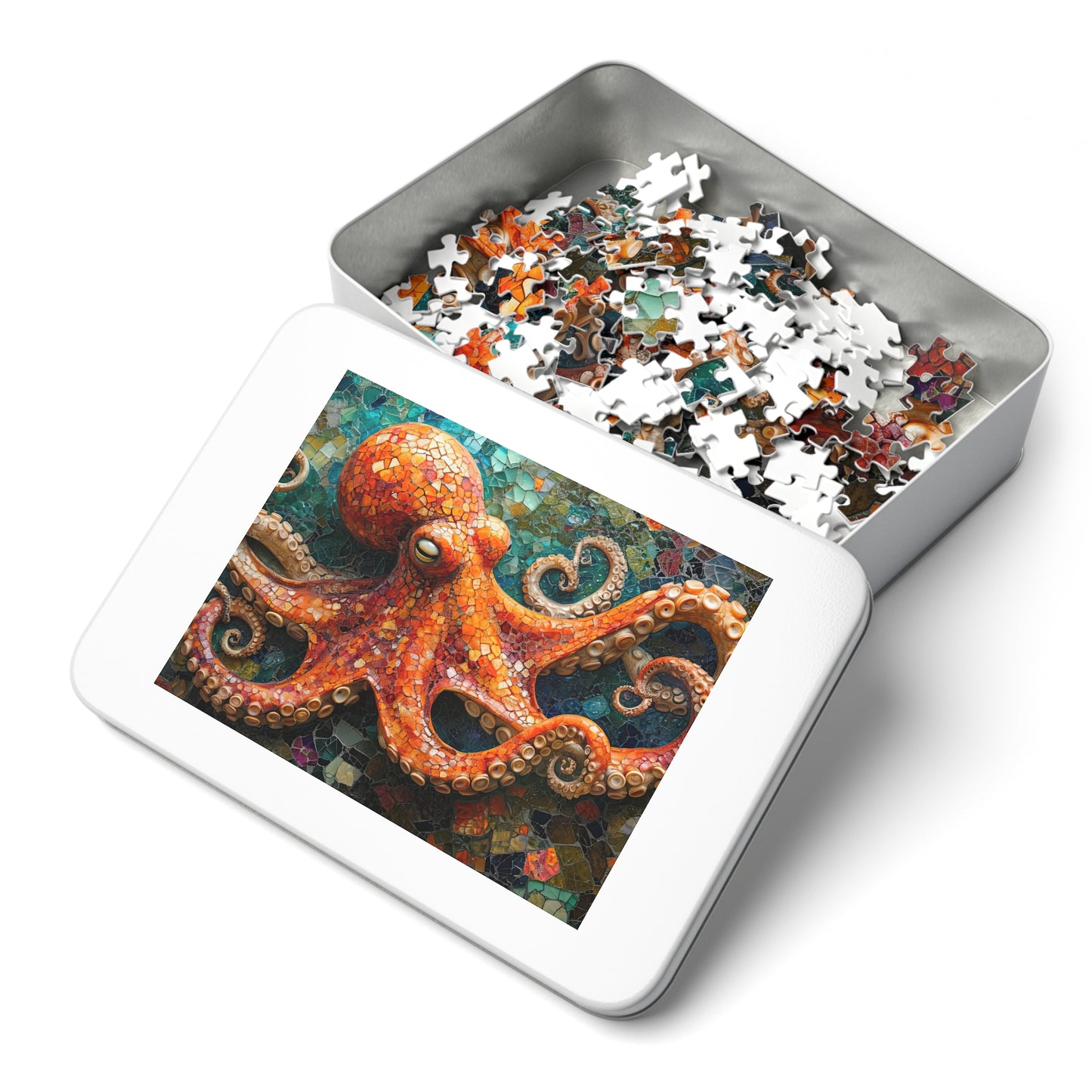 Mosaic Octopus Jigsaw Puzzle, Available in 110, 252, 500 & 1000 Pieces, Artistic Ocean Life, Colorful Tile Design, Detailed, Metal Box
