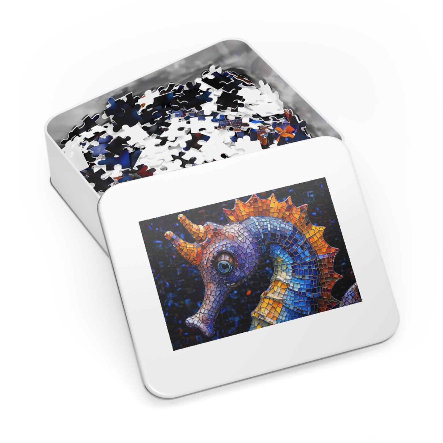 Mosaic Seahorse Puzzle, Available in 110, 252, 500 & 1000 Pieces, Intricate Ocean Art, Vibrant Tile Craftsmanship, Marine Life, Metal Box