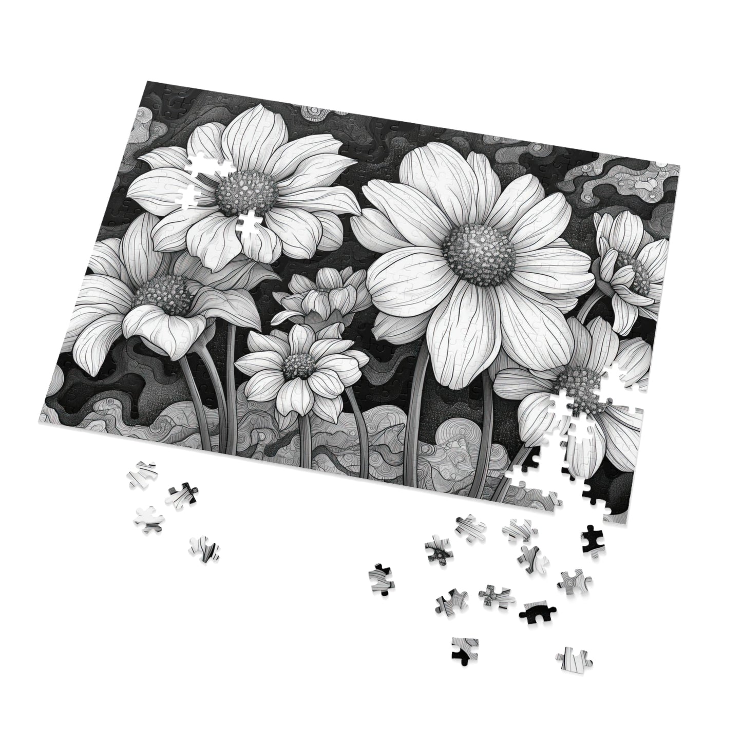 Elegant Monochrome Floral Puzzle - 110-1000 Pieces, Chic Black & White Blossoms for Decor! Metal Box