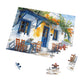 Sun-Kissed Greek Café Watercolor Puzzle: Vivid Blues, Shipped in a Metal Box