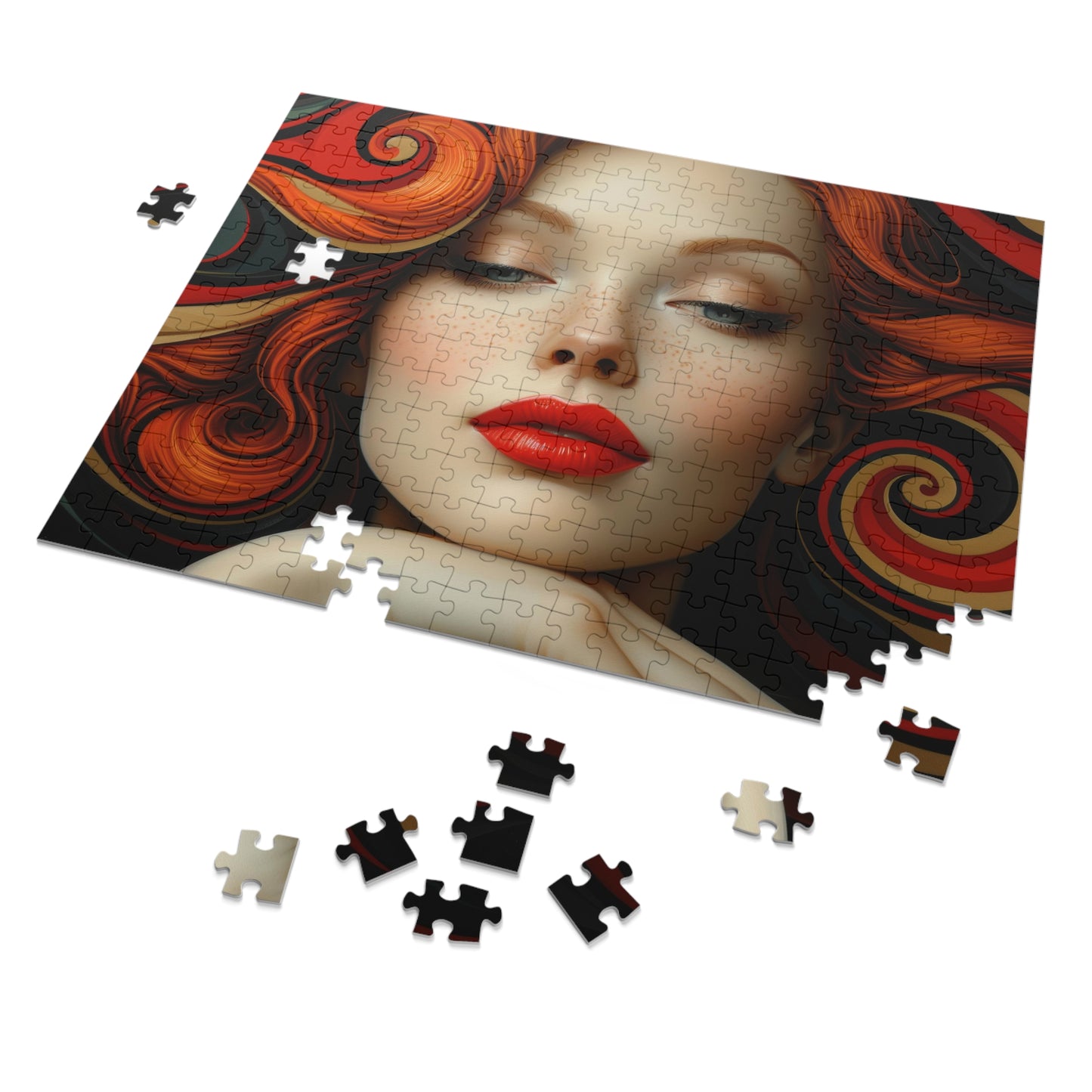 Red Swirls Artistic Woman Portrait Puzzle, Unique Jigsaw, Sizes 110-1000pc, Shipped in a Metal Box