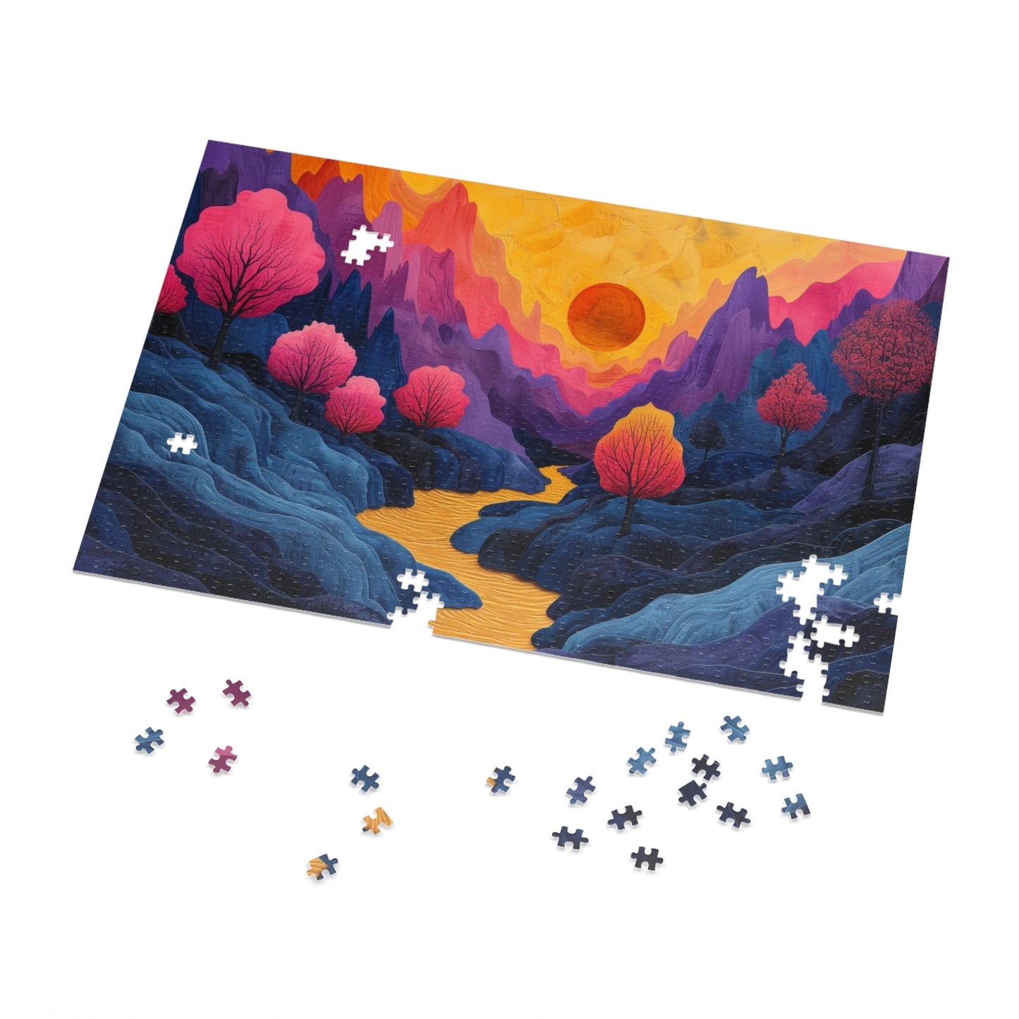 Surreal Sunset Landscape Puzzle, Vibrant Trees & River, 110-1000pc, Shipped in a Metal Box