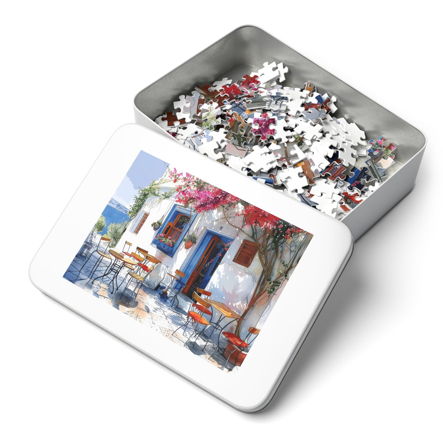 Idyllic Café Charm Watercolor Puzzle: Coastal Scene with Blossoms, Shipped in a Metal Box