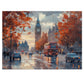 London Wet Street Sunset Puzzle, Available in 110, 252, 500 and 1000 Pieces, Iconic Red Bus & Big Ben, Rainy Twilight, Reflective, Metal Box