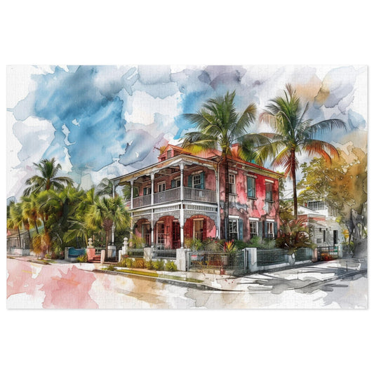 Tropical Watercolor Mansion Puzzle - Vivid, Serene Artwork Shipped in a Metal Box