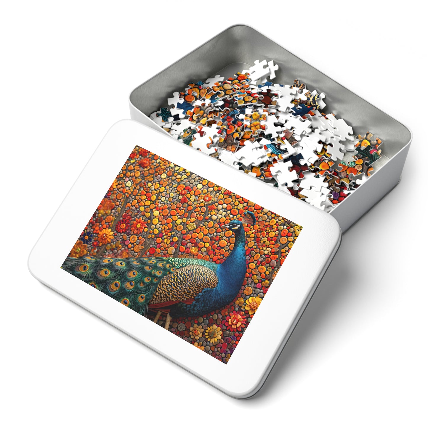 Enchanting Peacock Splendor Puzzle - Lush 110-1000 Piece Sets for a Mesmerizing Challenge! Metal Box