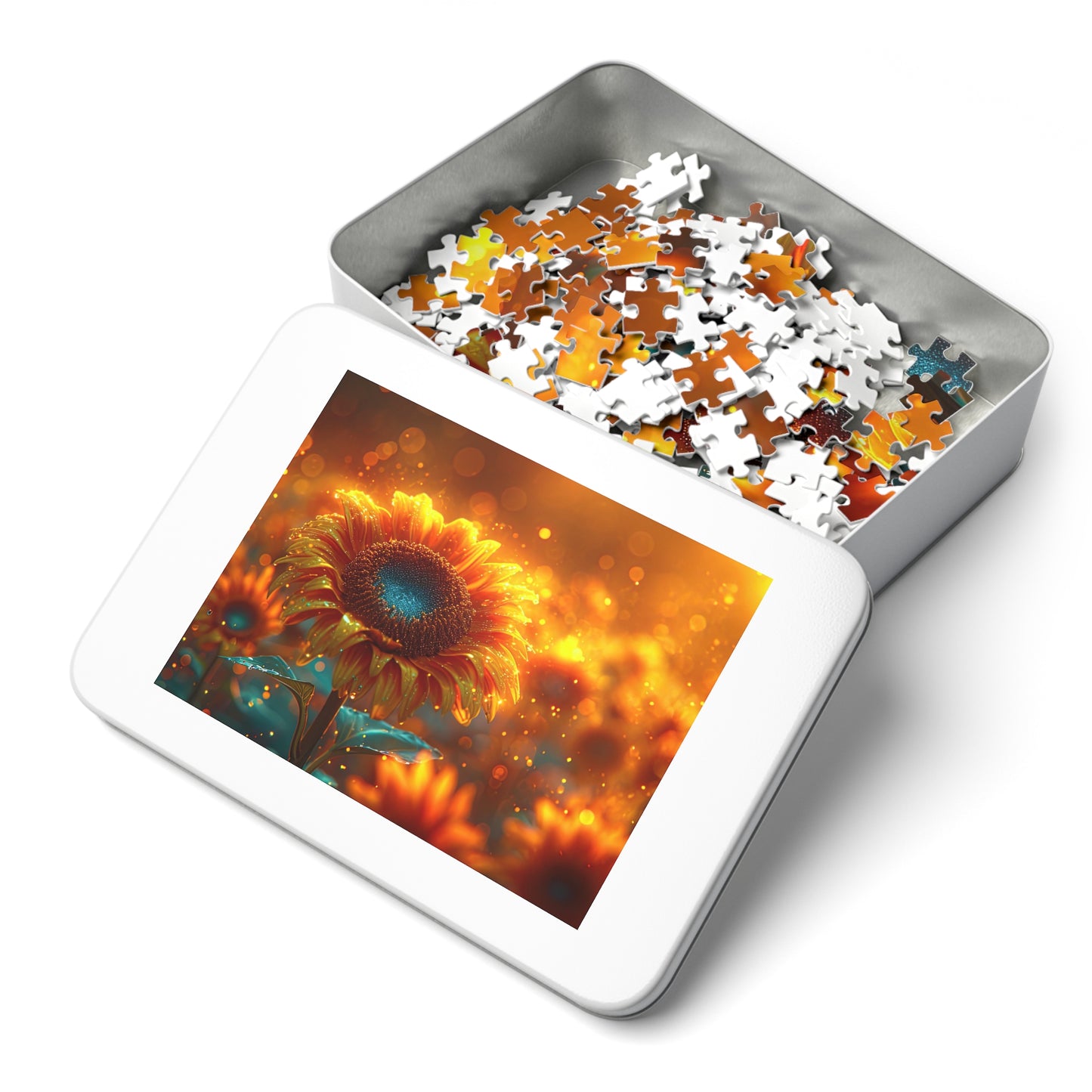 Radiant Sunflower Glow Puzzle - Enchanting 110-1000 Piece Sets for Nature Enthusiasts! Metal Box