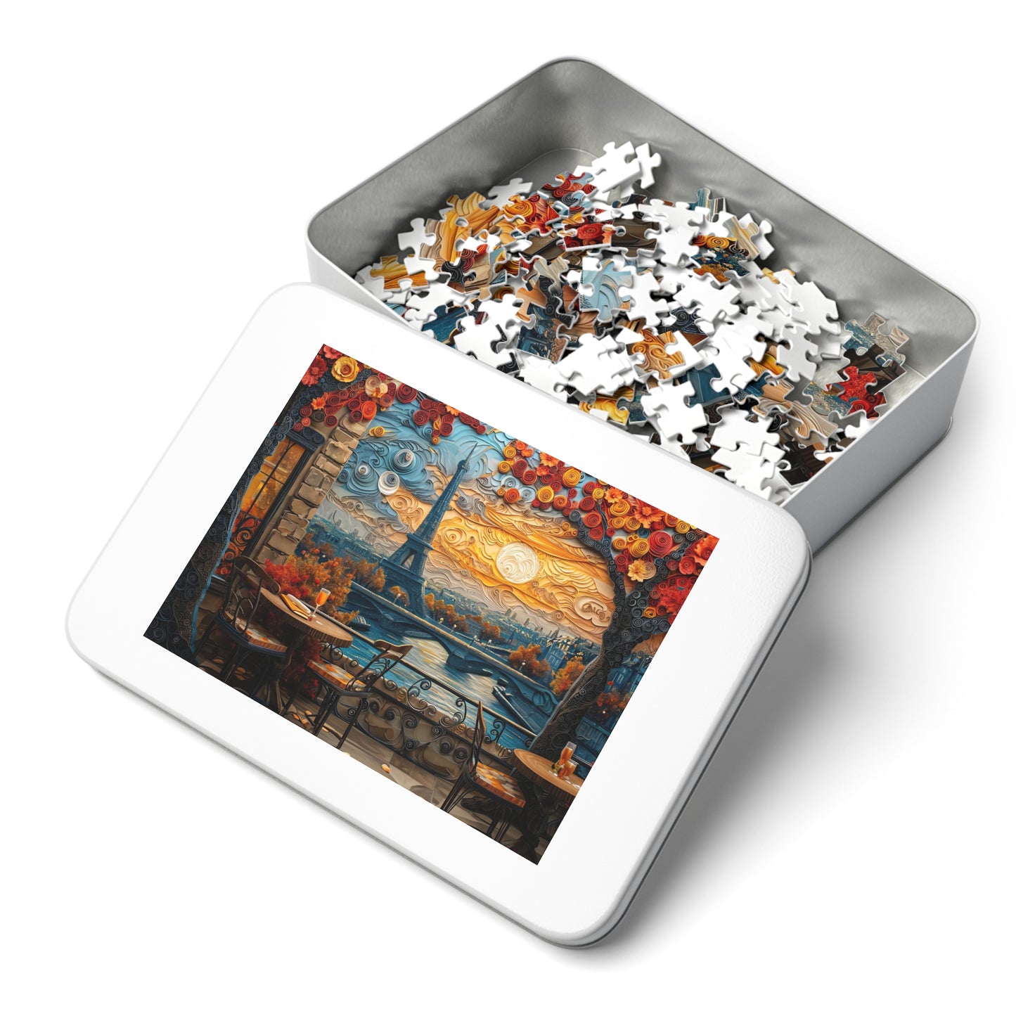 Charming Paper-Quilled Parisian Café Puzzle - 110-1000 Pieces, Artistic Cityscape Jigsaw! Metal Box