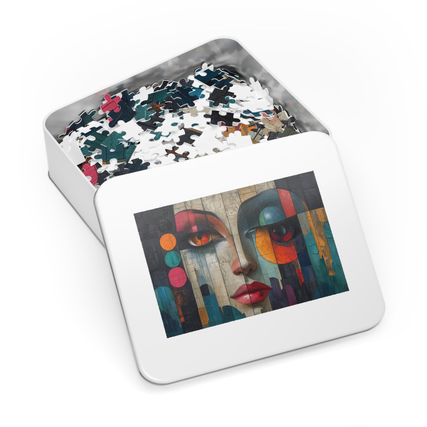 Abstract Cubist Woman Face Mural Puzzle, 110-1000pc, Artistic Modern Jigsaw, Shipped in a Metal Box