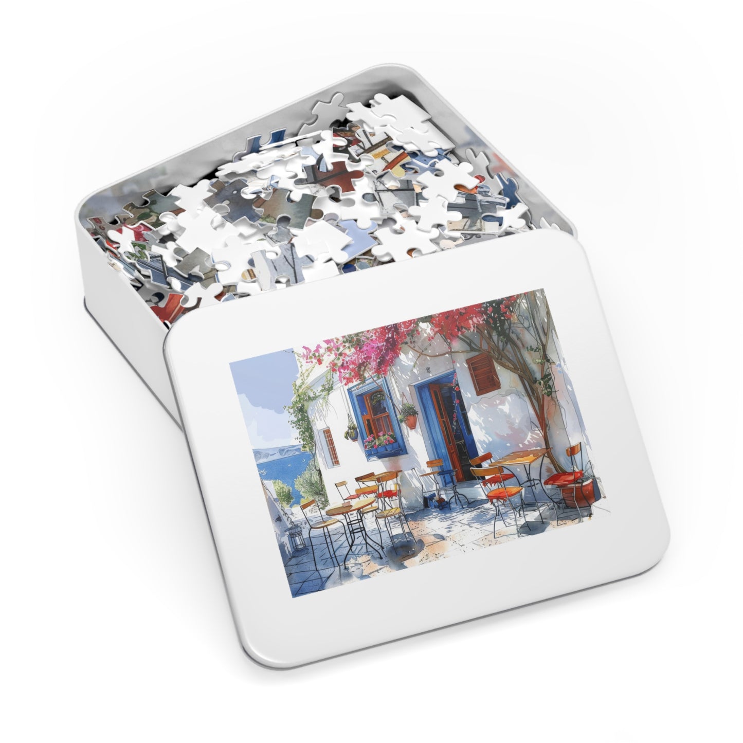 Idyllic Café Charm Watercolor Puzzle: Coastal Scene with Blossoms, Shipped in a Metal Box