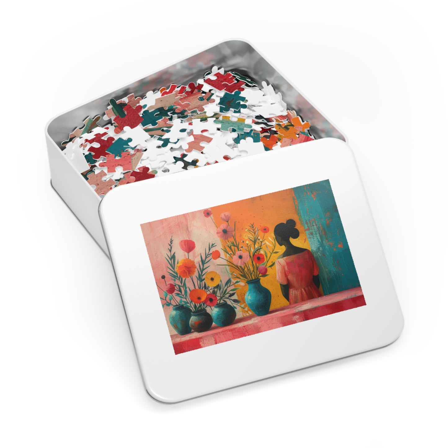 Vibrant Floral Design Puzzle, Artistic Woman & Blooms, 110-1000pc, Shipped in a Metal Box