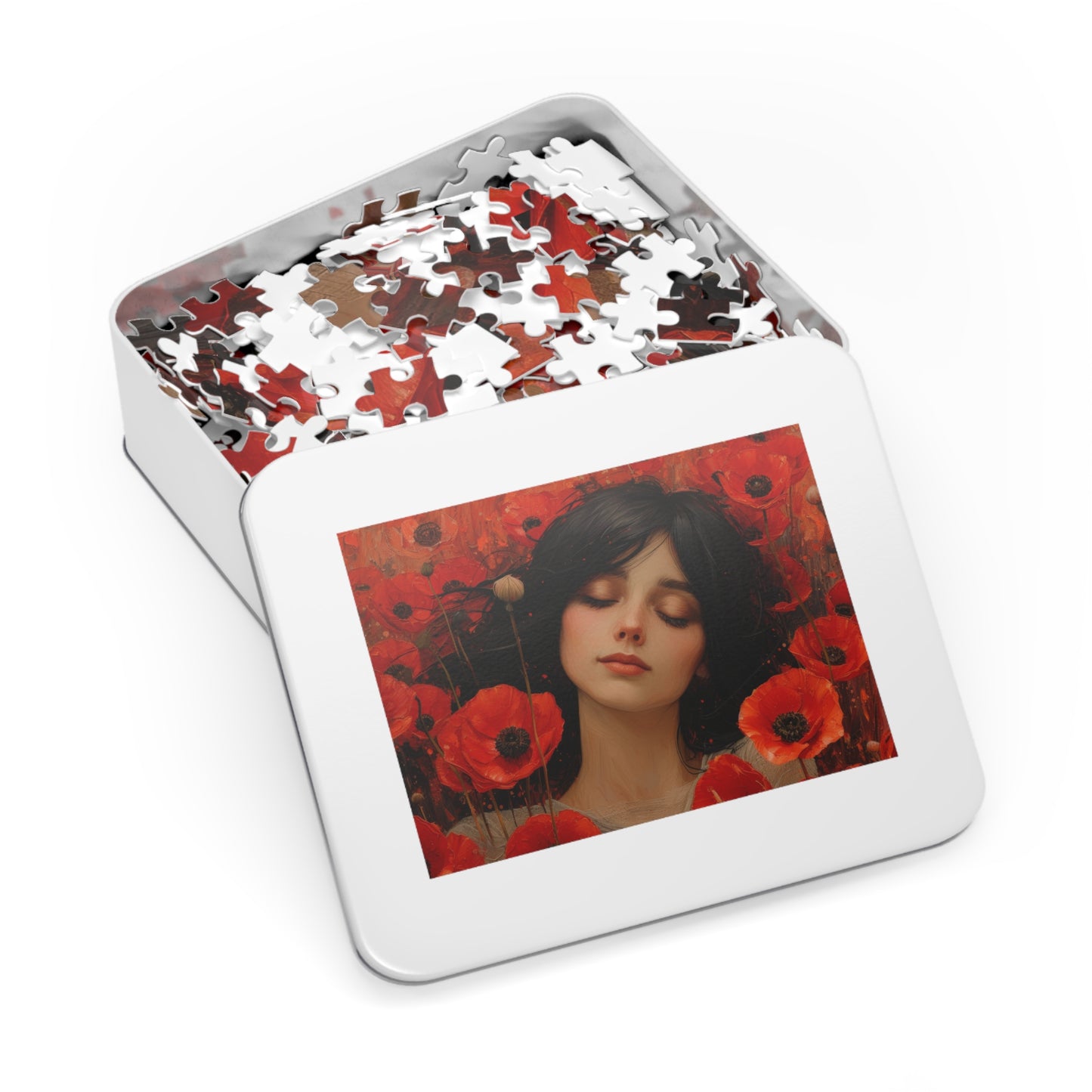 Woman Amidst Red Poppies Art Puzzle, 110-1000pc, Serene Floral Jigsaw, Shipped in a Metal Box