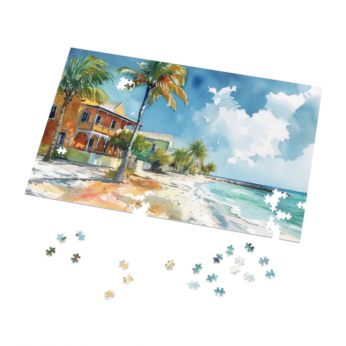 Seaside Bliss Watercolor - Tropical Beach & Historic House Puzzle, Shipped in a Metal Box