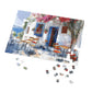 Idyllic Café Charm Watercolor Puzzle: Coastal Scene with Blossoms, Shipped in a Metal Box