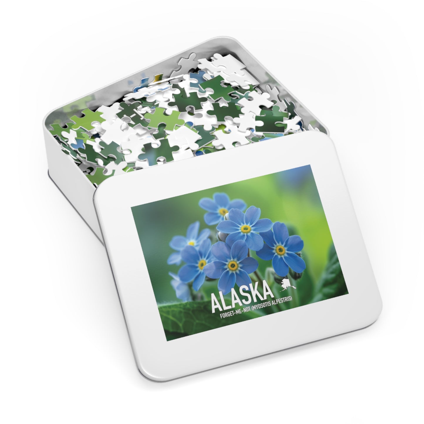 State Flower of Alaska Forget-Me-Not Jigsaw Puzzle Collection - 110 to 1000 Pieces! Metal Box