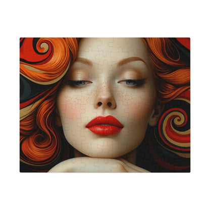 Red Swirls Artistic Woman Portrait Puzzle, Unique Jigsaw, Sizes 110-1000pc, Shipped in a Metal Box