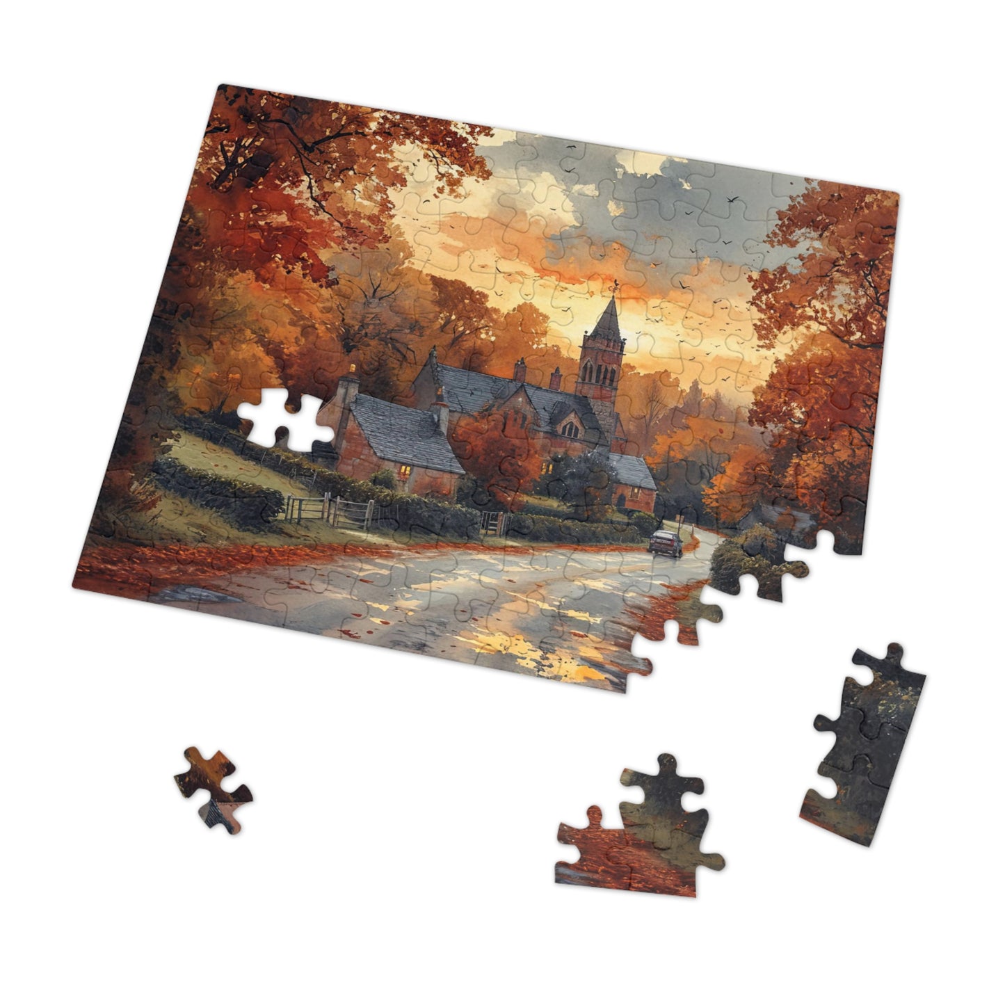 Quaint English Village Autumn Puzzle - 110-1000 Pieces, Idyllic Countryside Jigsaw! Metal Box