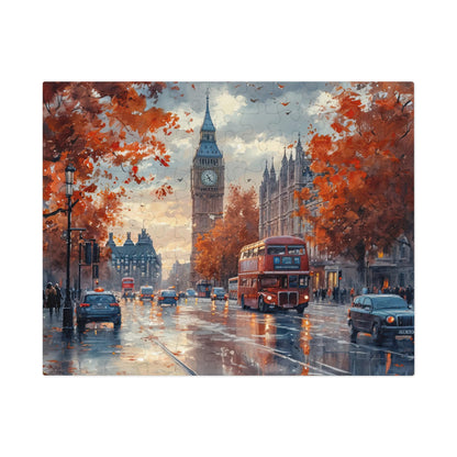 London Wet Street Sunset Puzzle, Available in 110, 252, 500 and 1000 Pieces, Iconic Red Bus & Big Ben, Rainy Twilight, Reflective, Metal Box