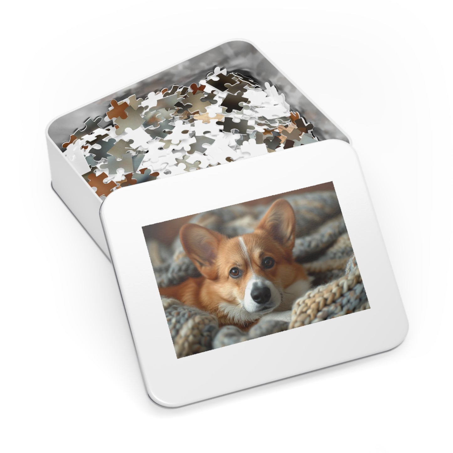 Cozy Corgi Puppy Puzzle - Snuggle Up with 110-1000 Piece Sets, Adorable Dog Jigsaw! Metal Box